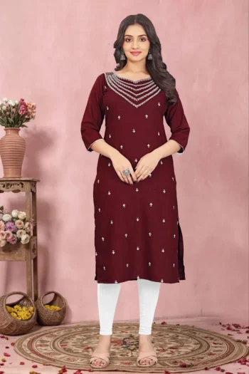 FANCY TESLA COTTON EMBROIDERY WORK KURTI MAROON
