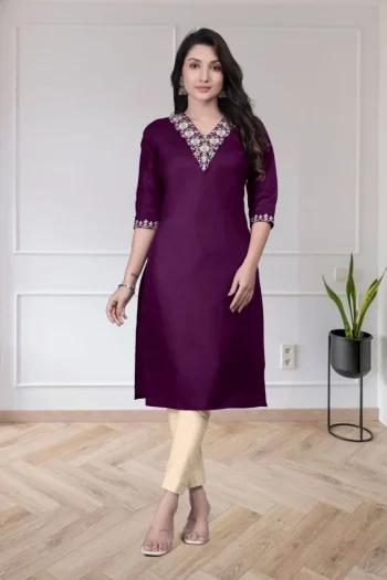 FANCY TESLA COTTON EMBROIDERY WORK ONLY KURTI PURPLE