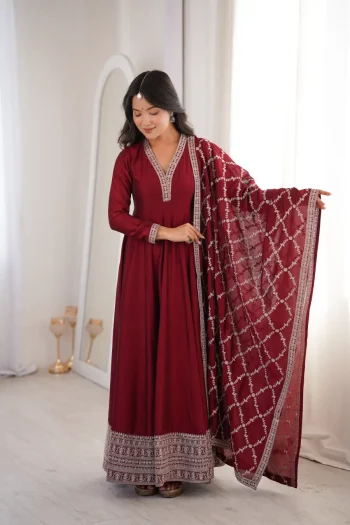 FANCY VICHITRA SILK EMBROIDERY SEQUENCE DORI AND JARI WORK LACE BORDER WORK GOWN WITH DUPATTA MAROON