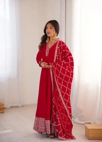 FANCY VICHITRA SILK EMBROIDERY SEQUENCE DORI AND JARI WORK LACE BORDER WORK GOWN WITH DUPATTA RED
