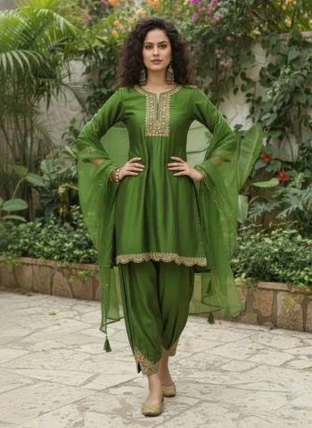 FANCY VICHITRA SILK EMBROIDERY WORK TOP DHOTI PENT WITH DUPATTA GREEN
