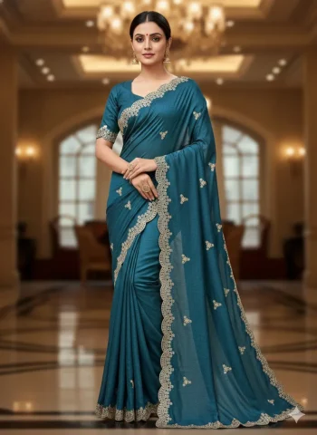 FANCY VICHITRA SILK SEQUENCE EMBROIDERED CONTRAST PALLU WORK SAREE WITH UNSTITCHED BLOUSE TEAL