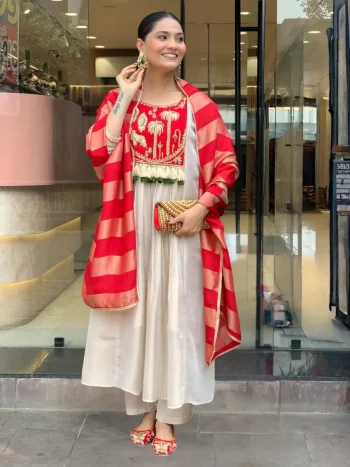 FANCY VISCOSE SILK SEQUENCE CODING EMBROIDERY WORK TOP BOTTOM WITH DUPATTA RED