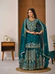 GORGEOUS CHINON SILK EMBROIDERY WITH SEQUENCE, ZARI WORK TOP LEHENGA WITH DUPATTA TEAL