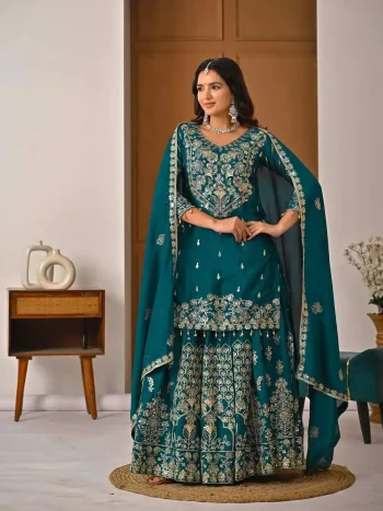 GORGEOUS CHINON SILK EMBROIDERY WITH SEQUENCE, ZARI WORK TOP LEHENGA WITH DUPATTA TEAL