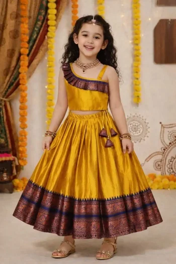 LATEST LICHI SILK JACQUARD WORK BORDER KID'S LEHENGA CHOLI MUSTARD