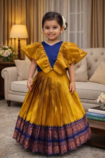 LATEST LICHI SILK JACQUARD WORK BORDER KID'S LEHENGA CHOLI MUSTARD