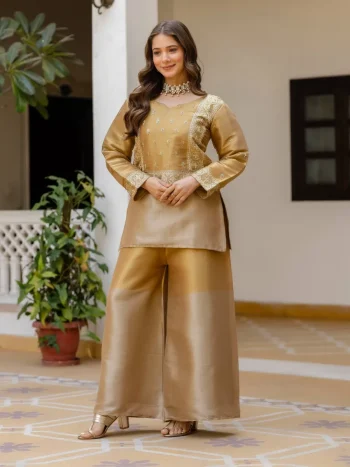 MODERN BANARASI HEAVY EMBROIDERY SEMI-BEADS WORK TOP PALAZZO SET GOLD
