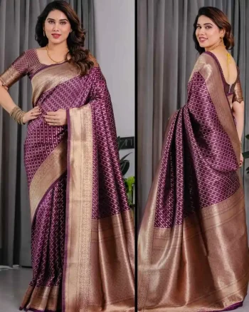 MODERN BANARASI SILK ZARI WOVEN WORK SAREE WITH UNSTITCHED BLOUSE PURPLE