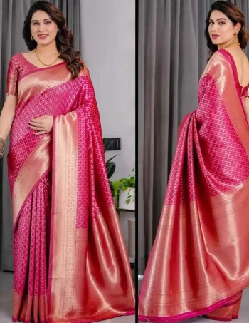 MODERN BANARASI SILK ZARI WOVEN WORK SAREE WITH UNSTITCHED BLOUSE PINK