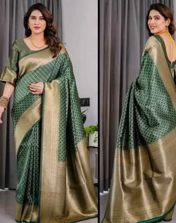 MODERN BANARASI SILK ZARI WOVEN WORK SAREE WITH UNSTITCHED BLOUSE GREEN