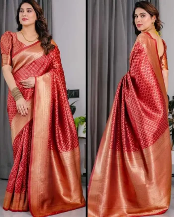MODERN BANARASI SILK ZARI WOVEN WORK SAREE WITH UNSTITCHED BLOUSE RED