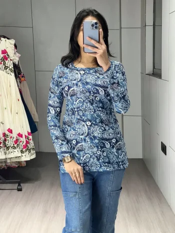MODERN CAMBRIC COTTON FLORAL PRINTED WORK SHORT KURTI BLUE