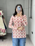 MODERN CAMBRIC COTTON FLORAL PRINTED WORK SHORT KURTI WHITE AND RED