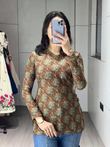 MODERN CAMBRIC COTTON FLORAL PRINTED WORK SHORT KURTI MINT
