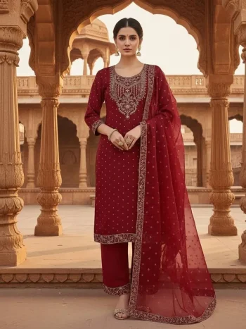 MODERN CHANDERI COTTON CODING SEQUENCE & JHARKAN BUTTI WORK TOP BOTTOM WITH DUPATTA MAROON