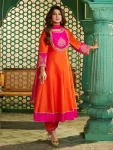 MODERN CHANDERI COTTON SILK SEQUENCE CODING EMBROIDERY WORK TOP BOTTOM WITH DUPATTA ORANGE AND PINK