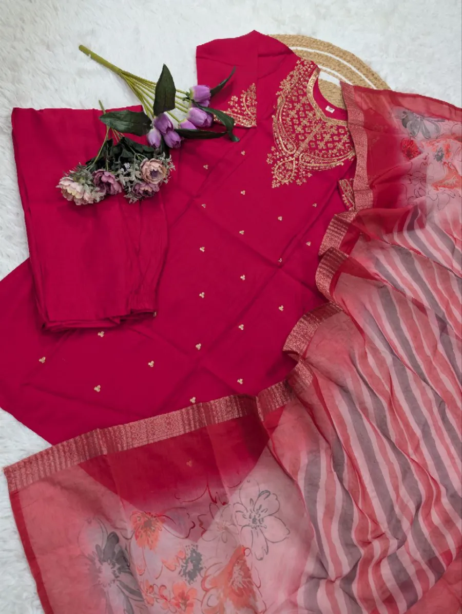 MODERN CHANDERI SEQUENCE CODING EMBROIDERY WORK TOP BOTTOM WITH DUPATTA FESTIVE WEAR WHOLESALE PRICE ETHNIC GARMENT (1)