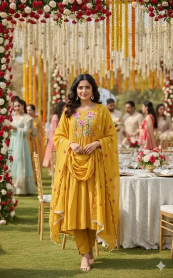 MODERN CHANDERI SILK EMBROIDERY THREAD & BEADS WORK TOP BOTTOM WITH DUPATTA YELLOW