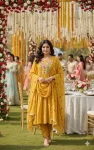 MODERN CHANDERI SILK EMBROIDERY THREAD & BEADS WORK TOP BOTTOM WITH DUPATTA YELLOW
