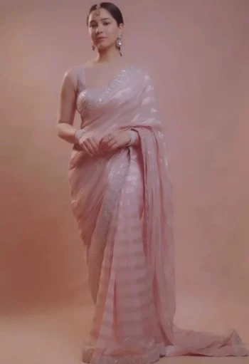 MODERN CHIFFON WEAVING ZARI LINE AND SEQUENCE MULTI CONTRAST PALLU EMBROIDERY WORK SAREE WITH UNSTITCHED BLOUSE BABY PINK