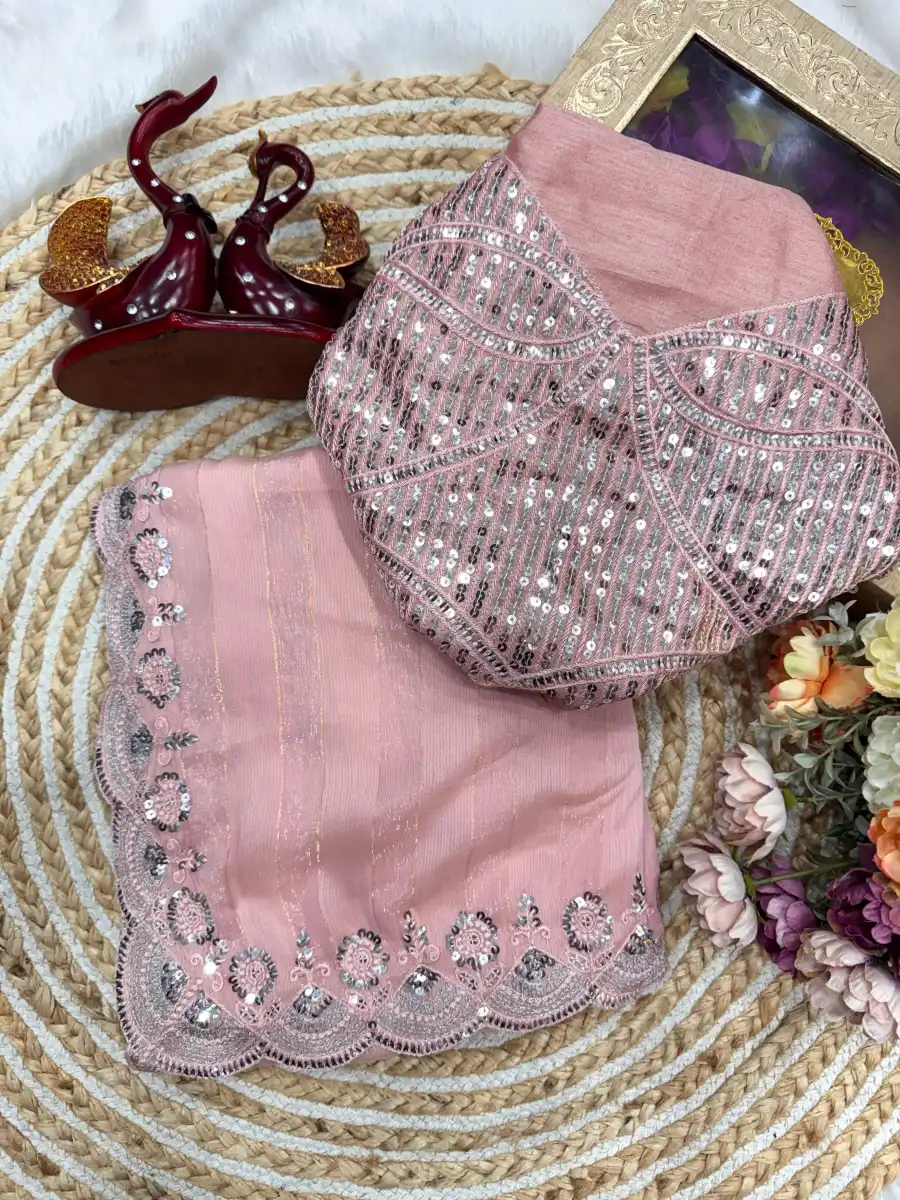 MODERN CHIFFON WEAVING ZARI LINE AND SEQUENCE MULTI CONTRAST PALLU EMBROIDERY WORK SAREE WITH UNSTITCHED BLOUSE FESTIVE WEAR WHOLESALE PRICE ETHNIC GARMENT (5)