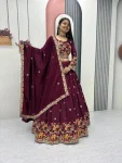 MODERN CHINON EMBROIDERY CODING THREAD WORK LEHENGA CHOLI WITH DUPATTA MAROON