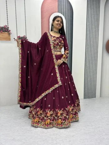 MODERN CHINON EMBROIDERY CODING THREAD WORK LEHENGA CHOLI WITH DUPATTA MAROON
