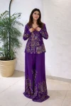 MODERN CHINON EMBROIDERY SEQUENCE WORK  PALAZZO BLOUSE WITH KOTI PURPLE