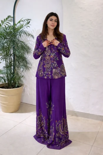 MODERN CHINON EMBROIDERY SEQUENCE WORK  PALAZZO BLOUSE WITH KOTI PURPLE