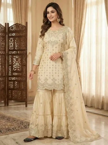 MODERN CHINON EMBROIDERY SEQUENCE WORK TOP SHARARA WITH DUPATTA OFF WHITE