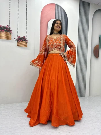 MODERN CHINON EMBROIDERY THREAD AND SEQUENCE WORK LEHENGA CHOLI WITH KOTI ORANGE