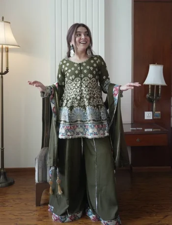 MODERN CHINON SEQUENCE EMBROIDERY WORK TOP PALAZZO WITH DUPATTA MEHNDI