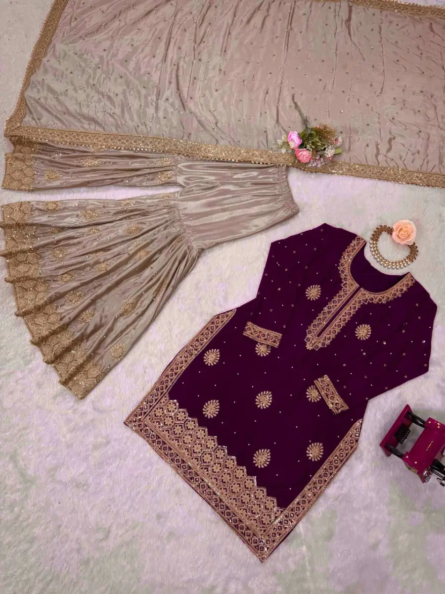 MODERN CHINON SILK CODING & SEQUENCE WORK WITH PEARL WORK TOP SHARARA WITH DUPATTA FESTIVE WEAR WHOLESALE PRICE ETHNIC GARMENT (1)