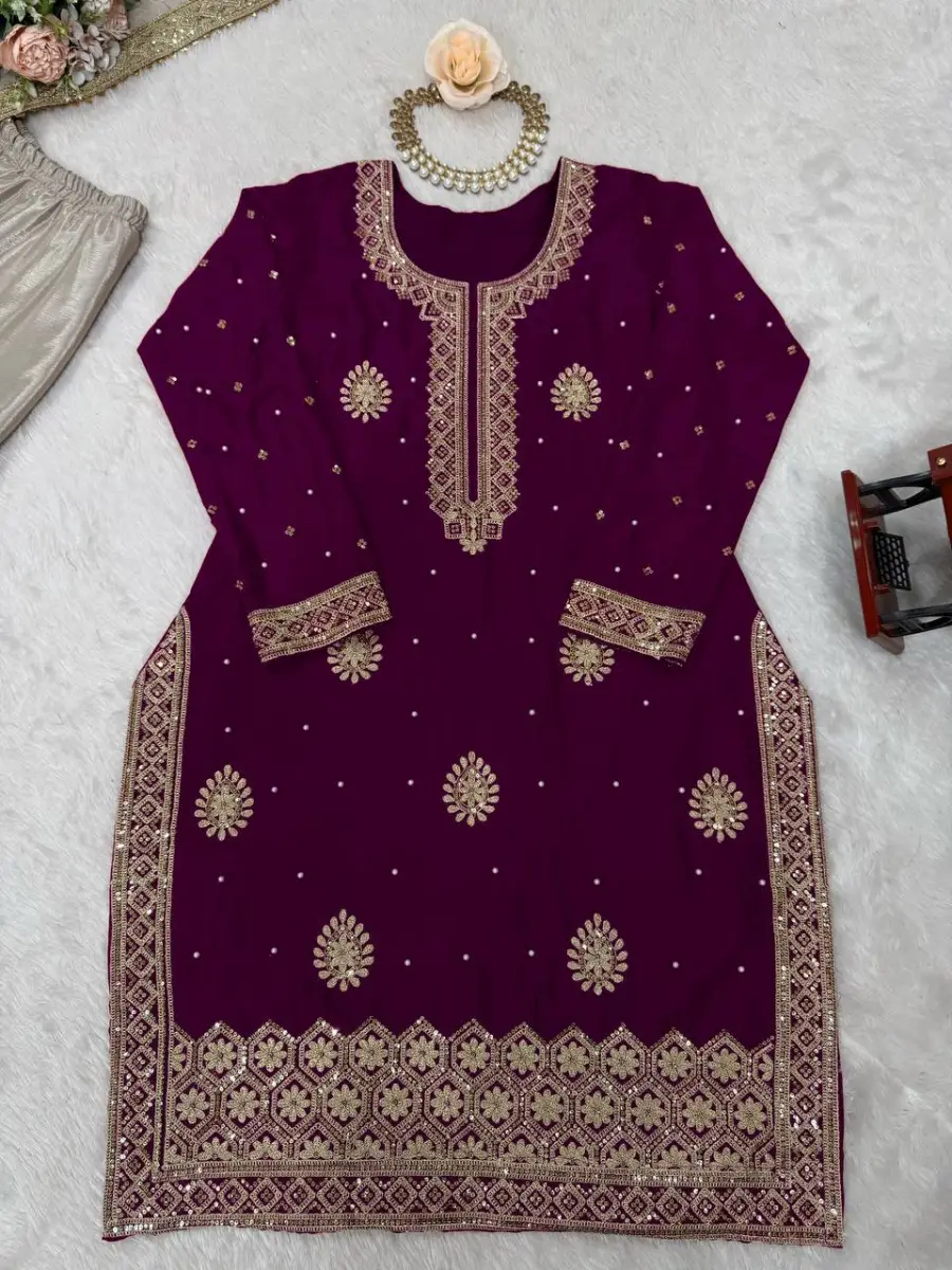 MODERN CHINON SILK CODING & SEQUENCE WORK WITH PEARL WORK TOP SHARARA WITH DUPATTA FESTIVE WEAR WHOLESALE PRICE ETHNIC GARMENT (10)