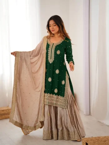 MODERN CHINON SILK CODING & SEQUENCE WORK WITH PEARL WORK TOP SHARARA WITH DUPATTA GREEN