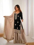 MODERN CHINON SILK CODING & SEQUENCE WORK WITH PEARL WORK TOP SHARARA WITH DUPATTA BLACK