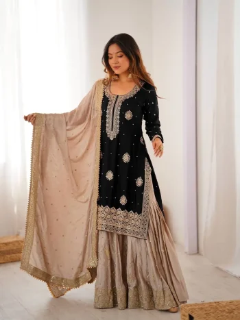 MODERN CHINON SILK CODING & SEQUENCE WORK WITH PEARL WORK TOP SHARARA WITH DUPATTA BLACK