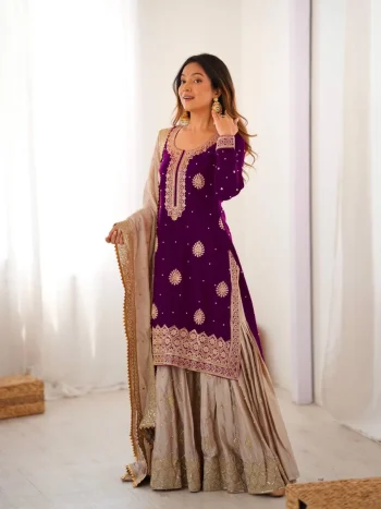 MODERN CHINON SILK CODING & SEQUENCE WORK WITH PEARL WORK TOP SHARARA WITH DUPATTA WINE