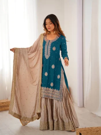 MODERN CHINON SILK CODING & SEQUENCE WORK WITH PEARL WORK TOP SHARARA WITH DUPATTA RAMA