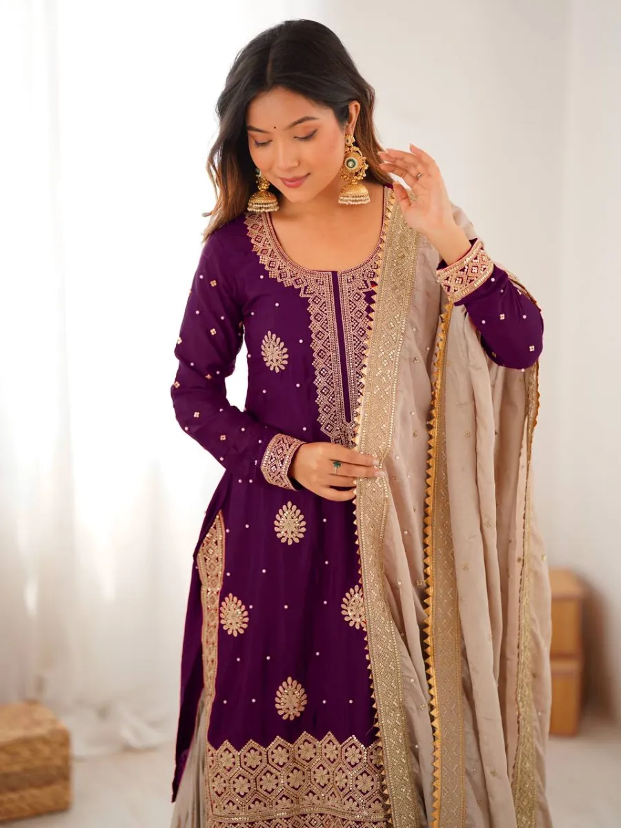 MODERN CHINON SILK CODING & SEQUENCE WORK WITH PEARL WORK TOP SHARARA WITH DUPATTA FESTIVE WEAR WHOLESALE PRICE ETHNIC GARMENT (6)
