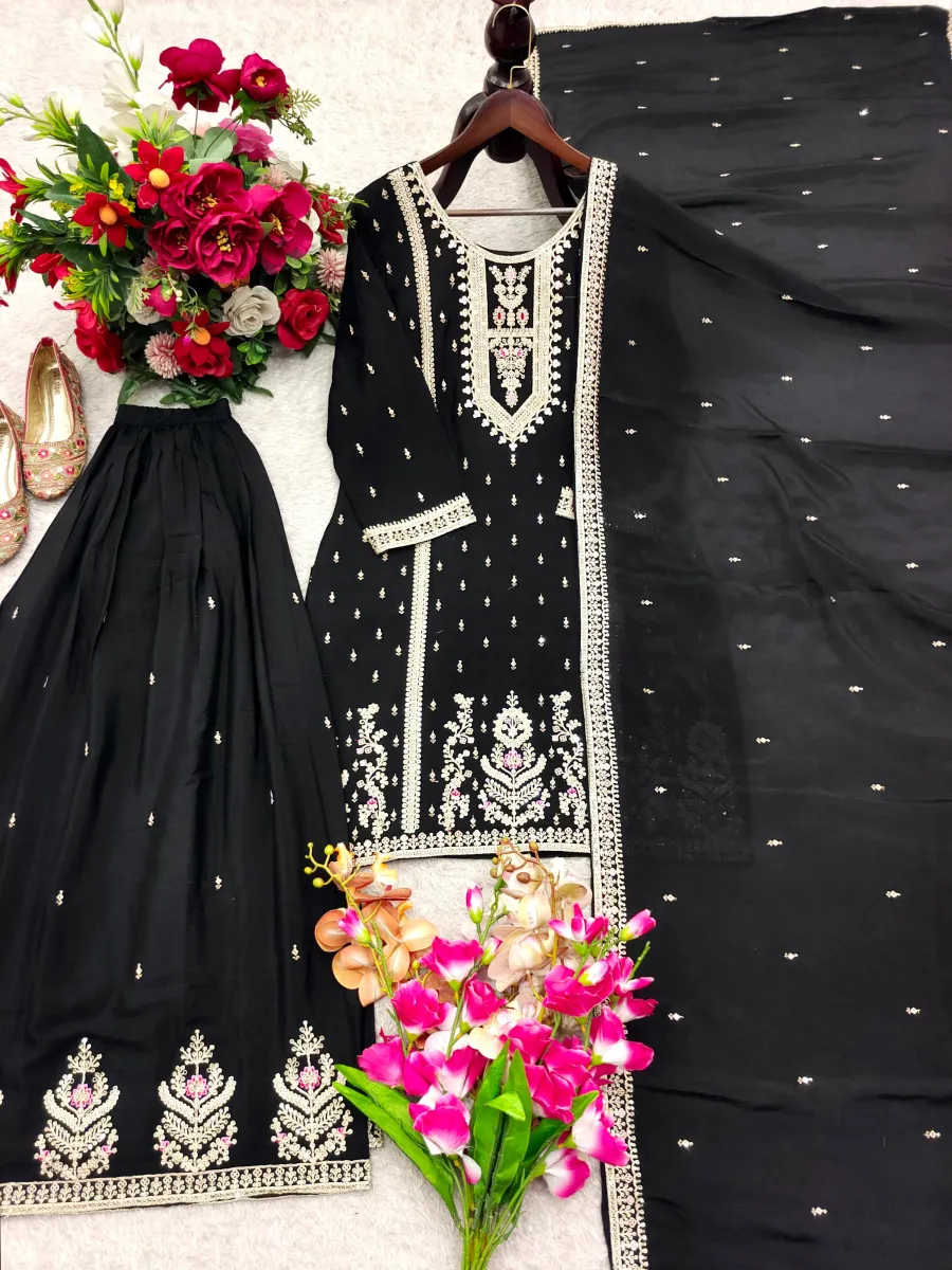 MODERN CHINON SILK EMBROIDERY CODING, MULTI THREAD, SEQUENCE WITH HAND MIRROR DIAMOND WORK TOP PALAZZO WITH DUPATTA FESTIVE WEAR WHOLESALE PRICE ETHNIC GARMENT (14)