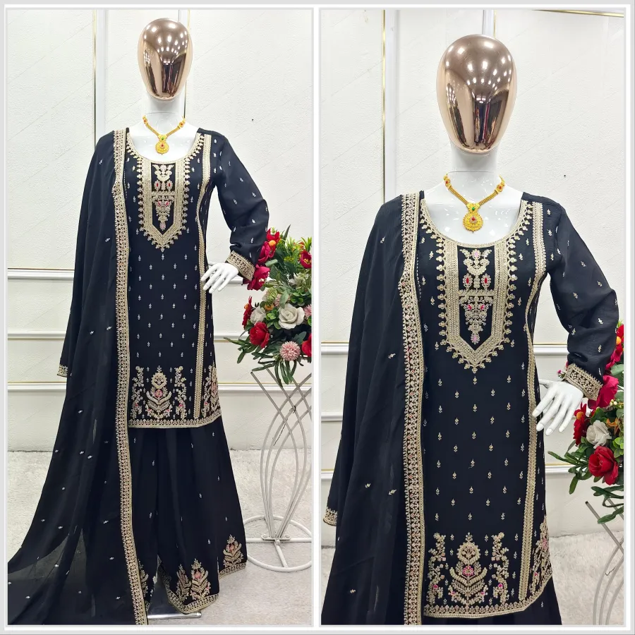 MODERN CHINON SILK EMBROIDERY CODING, MULTI THREAD, SEQUENCE WITH HAND MIRROR DIAMOND WORK TOP PALAZZO WITH DUPATTA FESTIVE WEAR WHOLESALE PRICE ETHNIC GARMENT (2)