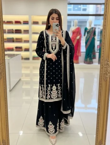 MODERN CHINON SILK EMBROIDERY CODING, MULTI THREAD, SEQUENCE WITH HAND MIRROR DIAMOND WORK TOP PALAZZO WITH DUPATTA BLACK