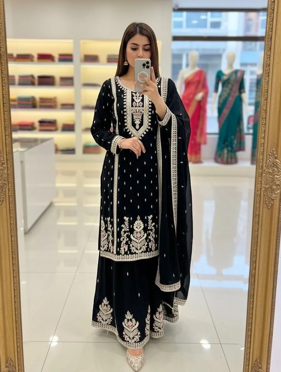 MODERN CHINON SILK EMBROIDERY CODING, MULTI THREAD, SEQUENCE WITH HAND MIRROR DIAMOND WORK TOP PALAZZO WITH DUPATTA FESTIVE WEAR WHOLESALE PRICE ETHNIC GARMENT (7)