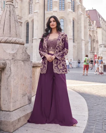 MODERN CHINON SILK EMBROIDERY DORI SEQUENCE WORK CHOLI JACKET WITH PALAZZO SET WINE