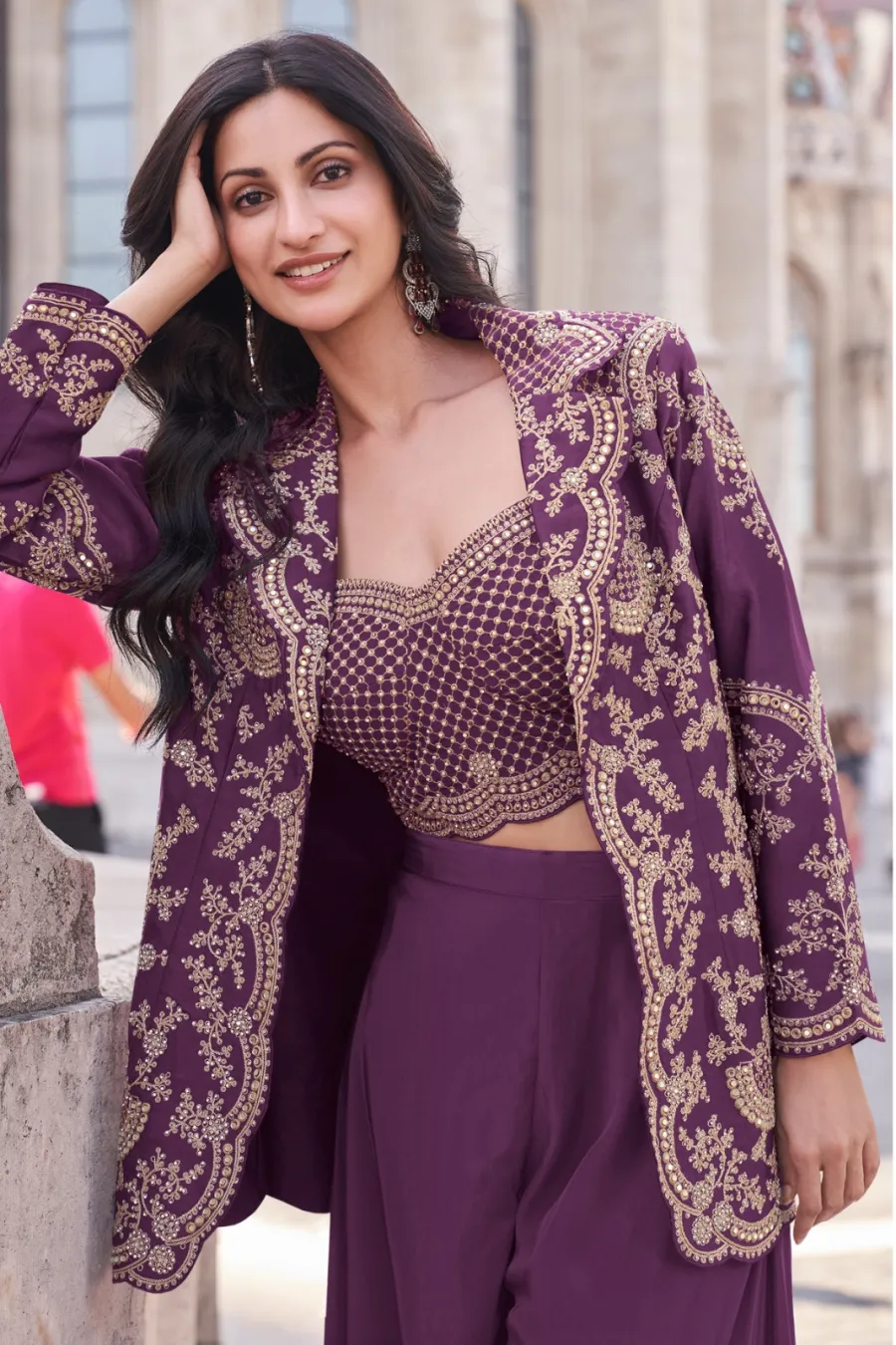 MODERN CHINON SILK EMBROIDERY DORI SEQUENCE WORK CHOLI JACKET WITH PALAZZO SET DESIGNER WEAR WHOLESALE PRICE ETHNIC GARMENT (3)