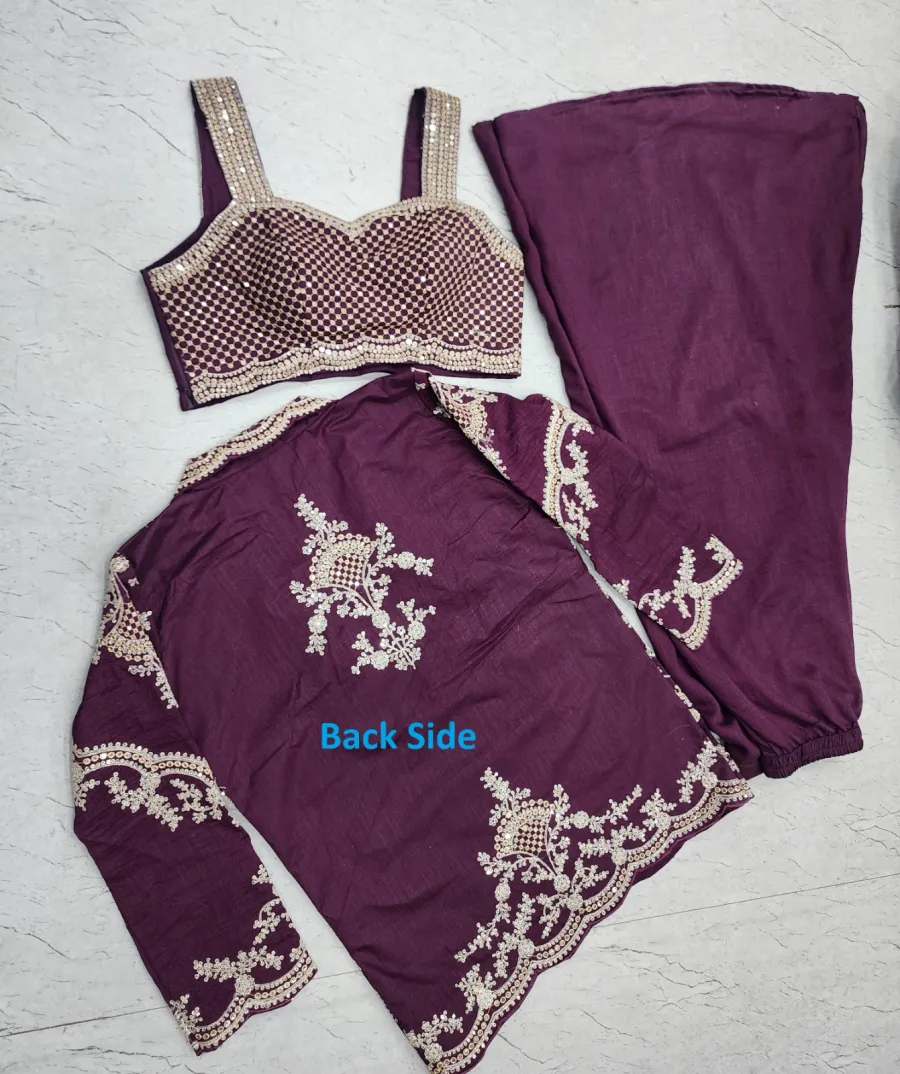 MODERN CHINON SILK EMBROIDERY DORI SEQUENCE WORK CHOLI JACKET WITH PALAZZO SET DESIGNER WEAR WHOLESALE PRICE ETHNIC GARMENT (4)