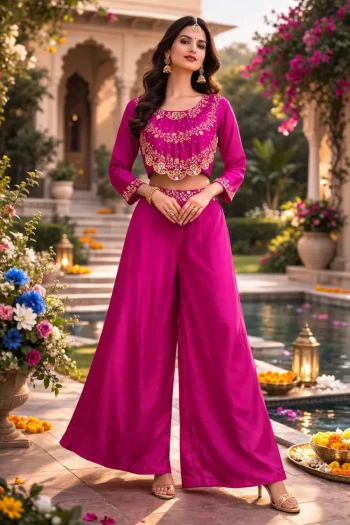 MODERN CHINON SILK MULTI THREAD EMBROIDERY SEQUENCE WITH PEARL RIVET MOTI WORK TOP PALAZZO SET PINK