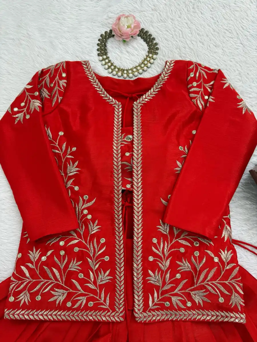 MODERN CHINON SILK PLAIN LEHENGA WITH THREAD & SEQUENCE EMBROIDERY WORK UNSTITCHED CHOLI AND KOTI WEDDING WEAR WHOLESALE PRICE ETHNIC GARMENT (1)
